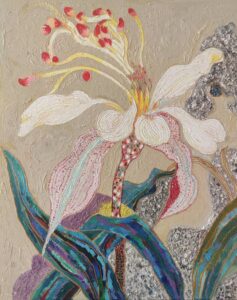 Colorful abstract floral painting with textured brushwork and layered organic details