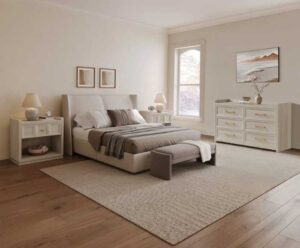 Neutral bedroom with dresser and nightstands creating a calm and organized space