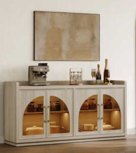 Light wood sideboard cabinet with glass doors providing simple storage and display