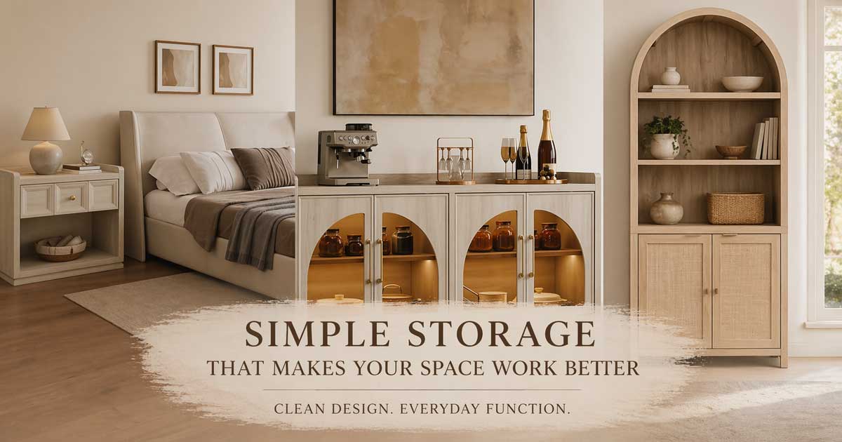 Simple storage furniture in a neutral modern room with dresser, sideboard and arched bookcase