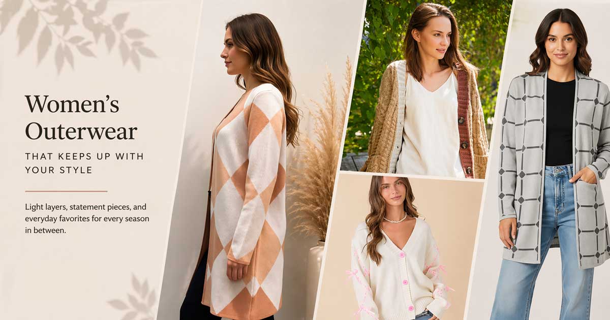 Women’s outerwear collection featuring stylish cardigans and lightweight layers in neutral tones